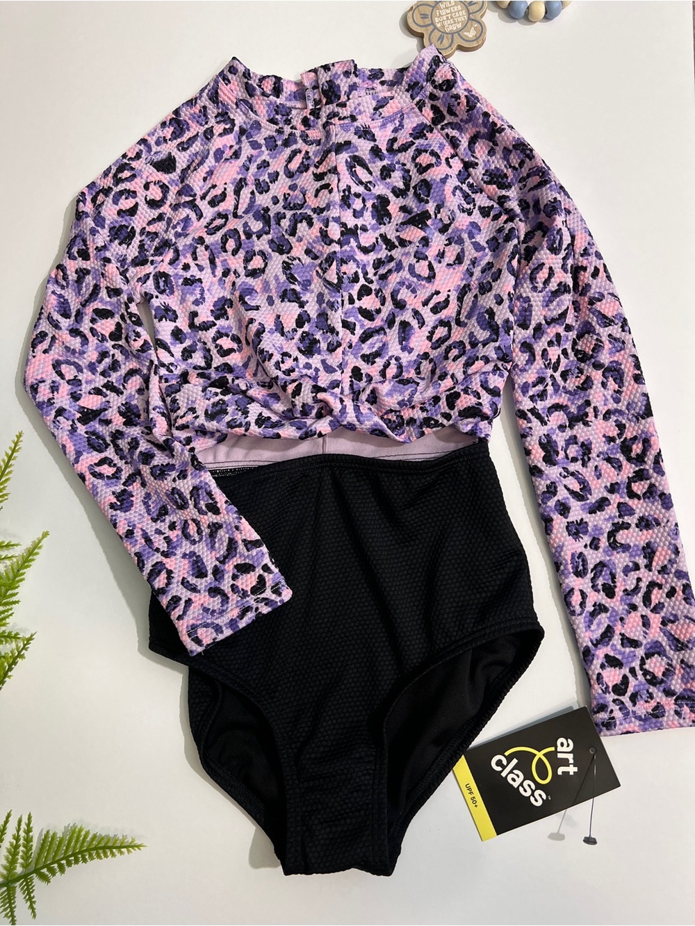art class Size XS Kids Long-Sleeve One-Piece Swimsuit - Pink & Purple Leopard NW